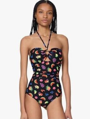 Kate Spade Black One Piece Swimsuit Colorful Fruit Print Bathing Suit
